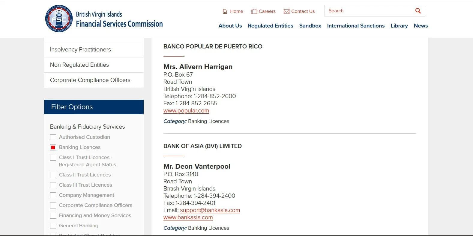 Скриншот с сайта BVI Financial Services Commission, раздел «Regulated Entities»