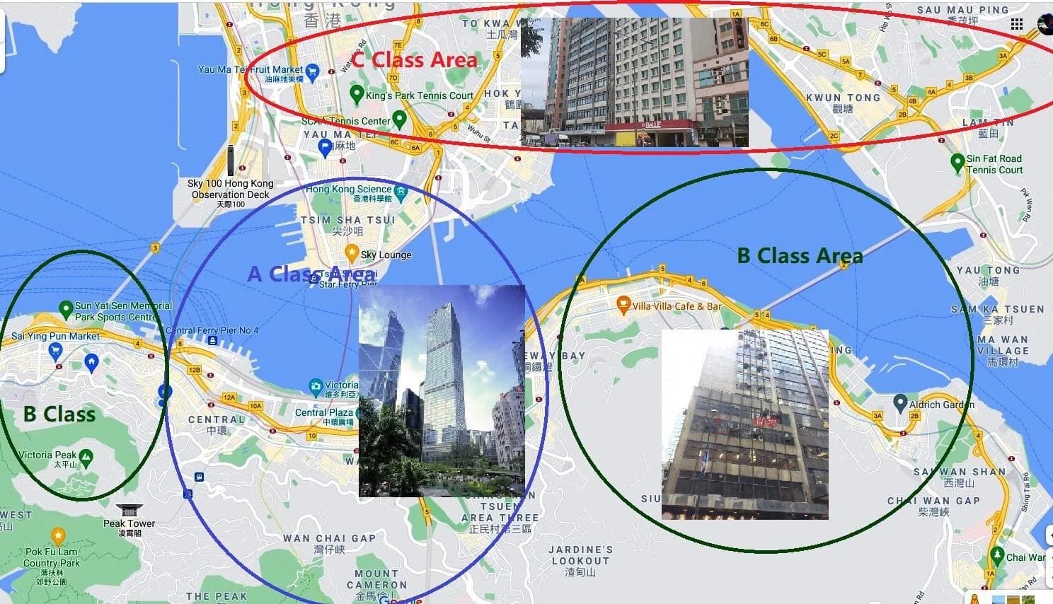 карта острова Гонконг (Центр) и Коулун с категориями класса офисных помещений